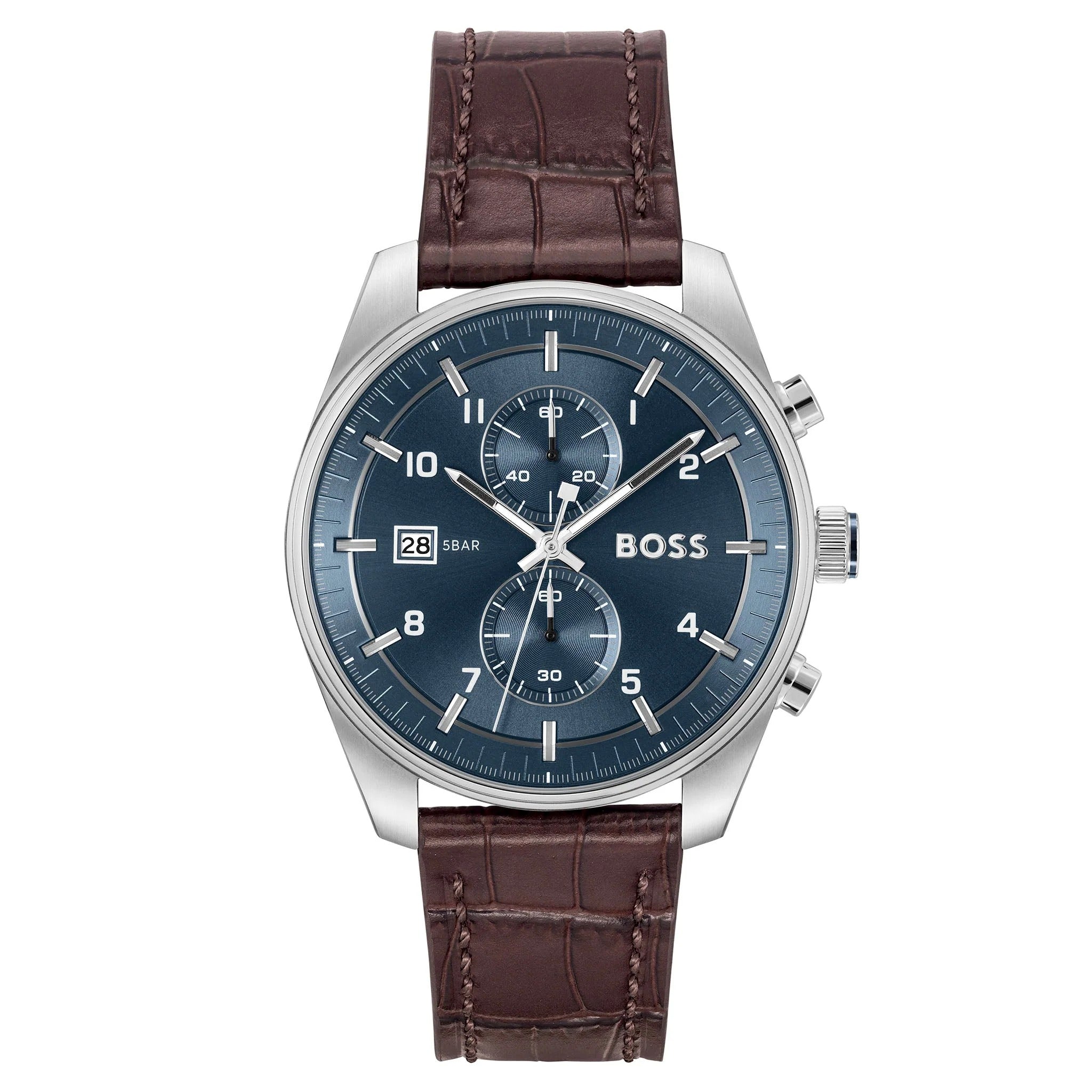 Hugo Boss Skytraveller Chronograph Blue Dial Brown Leather Strap Watch for Men - 1514194