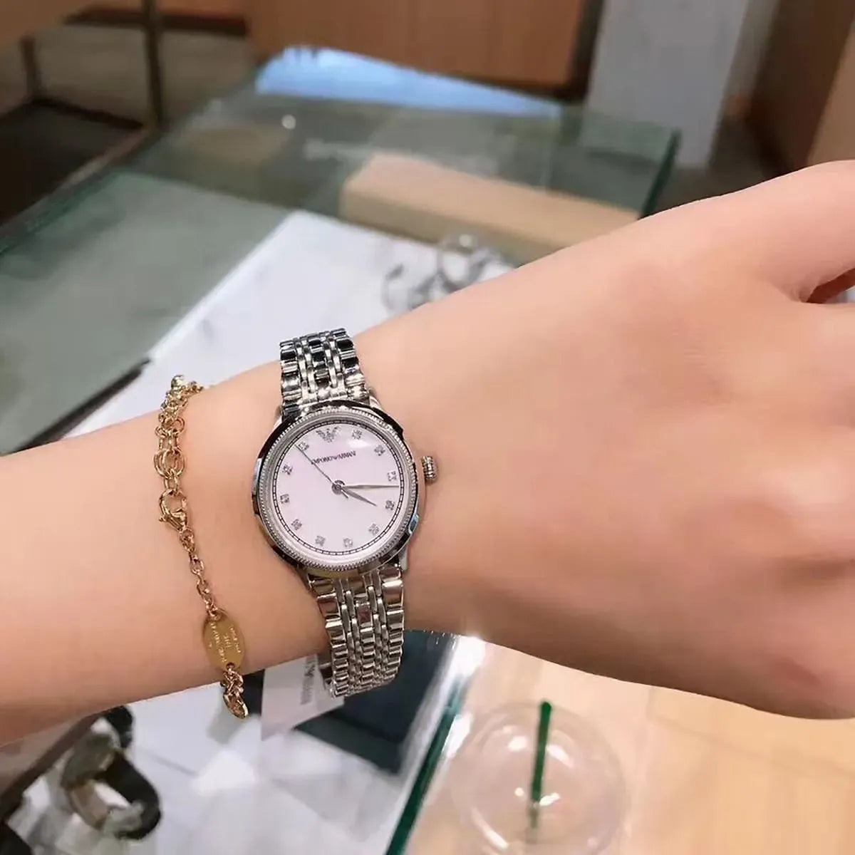 Emporio Armani Alpha Mother of Pearl Dial Silver Steel Strap Watch for Women - AR1803