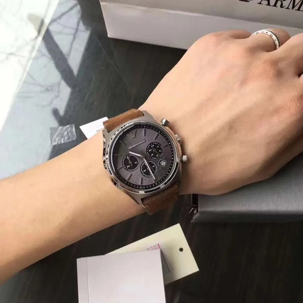 Emporio Armani Zeta Chronograph Gray Dial Brown Leather Strap Watch for Men - AR11080