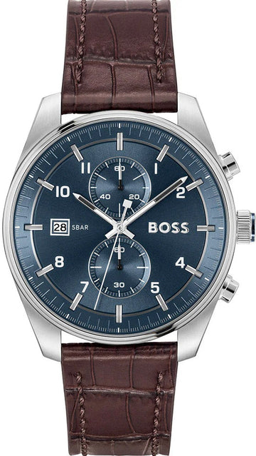 Hugo Boss Skytraveller Chronograph Blue Dial Brown Leather Strap Watch for Men - 1514194