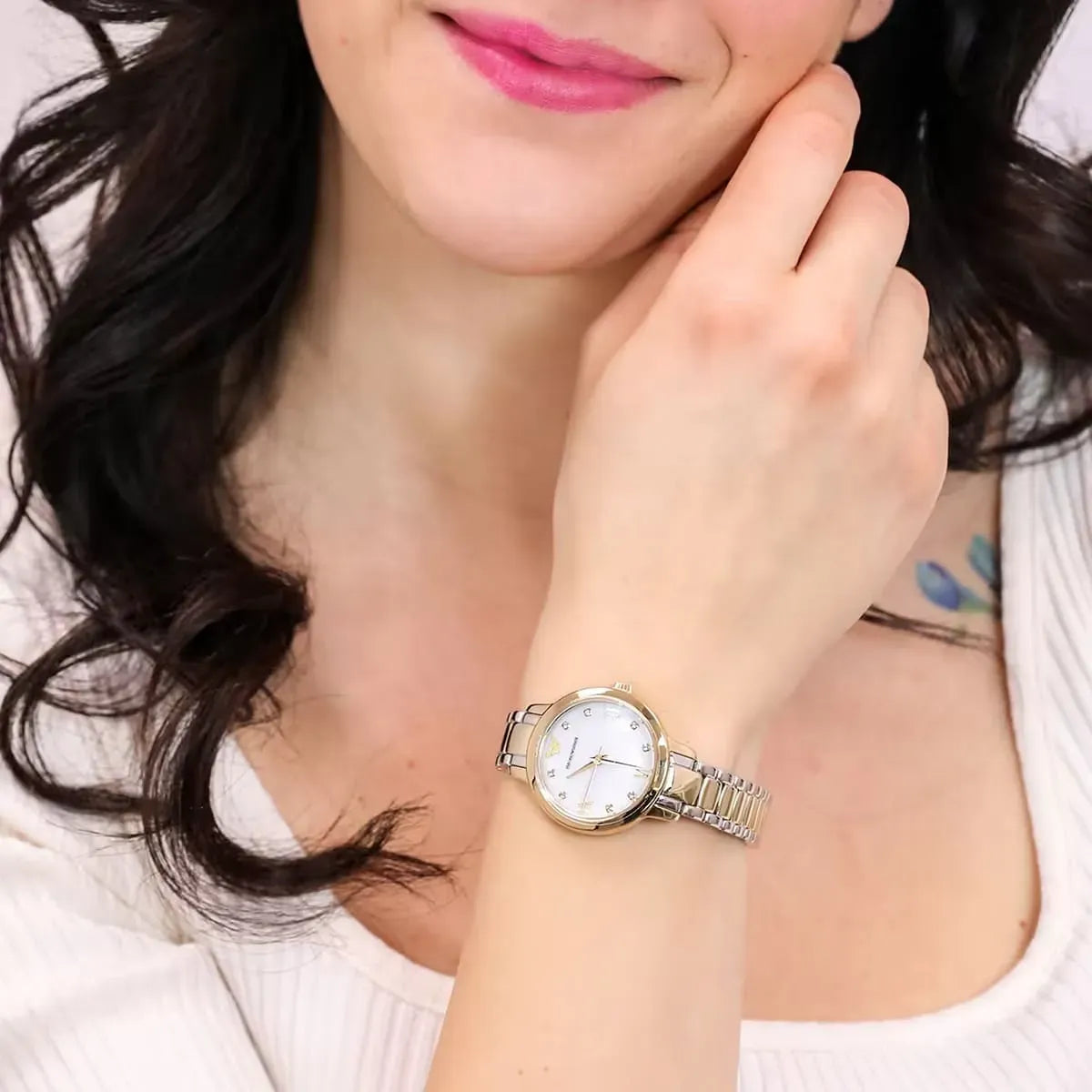 Emporio Armani Cleo Three Hand Mother of Pearl Dial Two Tone Steel Strap Watch for Women - AR11513