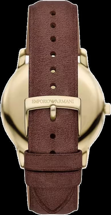 Emporio Armani Minimalist Quartz Gold Dial Brown Leather Strap Watch for Men - AR11610