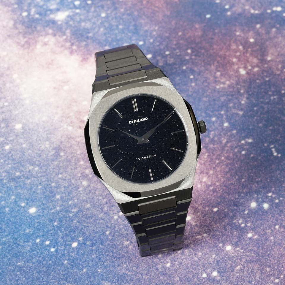 D1 Milano Ultra Thin Aventurine Black Dial Silver Steel Strap Watch for Men - D1-UTBJ29