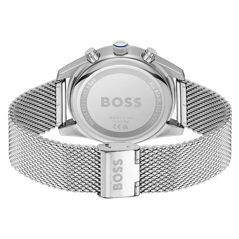 Hugo Boss Skytraveller Chronograph Blue Dial Silver Mesh Strap Watch for Men - 1514149