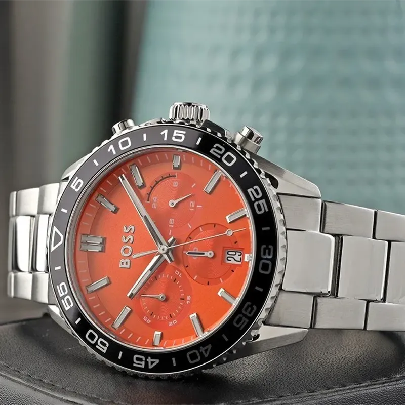 Hugo Boss Runner Chronograph Orange Dial Silver Steel Strap Watch for Men - 1514162