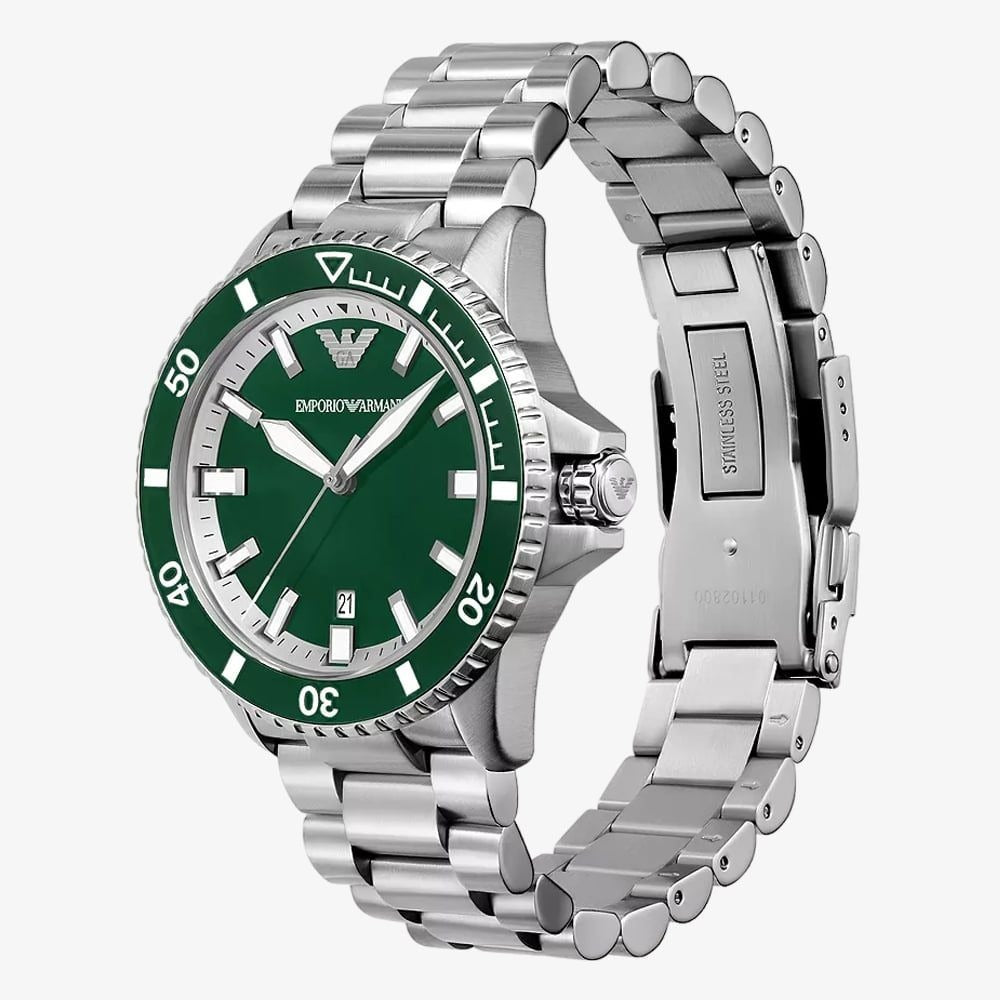 Emporio Armani Sea Explorer Green Dial Silver Steel Strap Watch for Men - AR60080