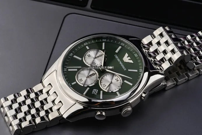 Emporio Armani Antonio Chronograph Green Dial Silver Steel Strap Watch for Men - AR11581