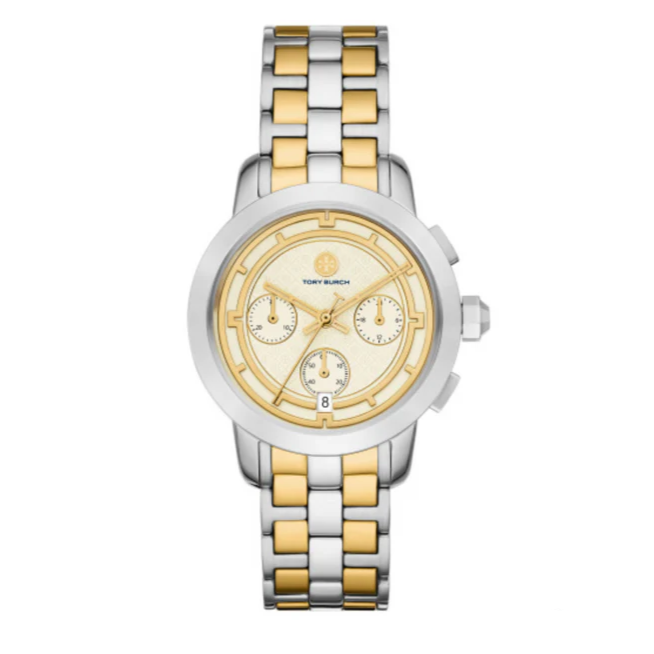 Tory Burch The Tory Chronograph White Dial Two Tone Steel Strap Watch for Women - TBW1052
