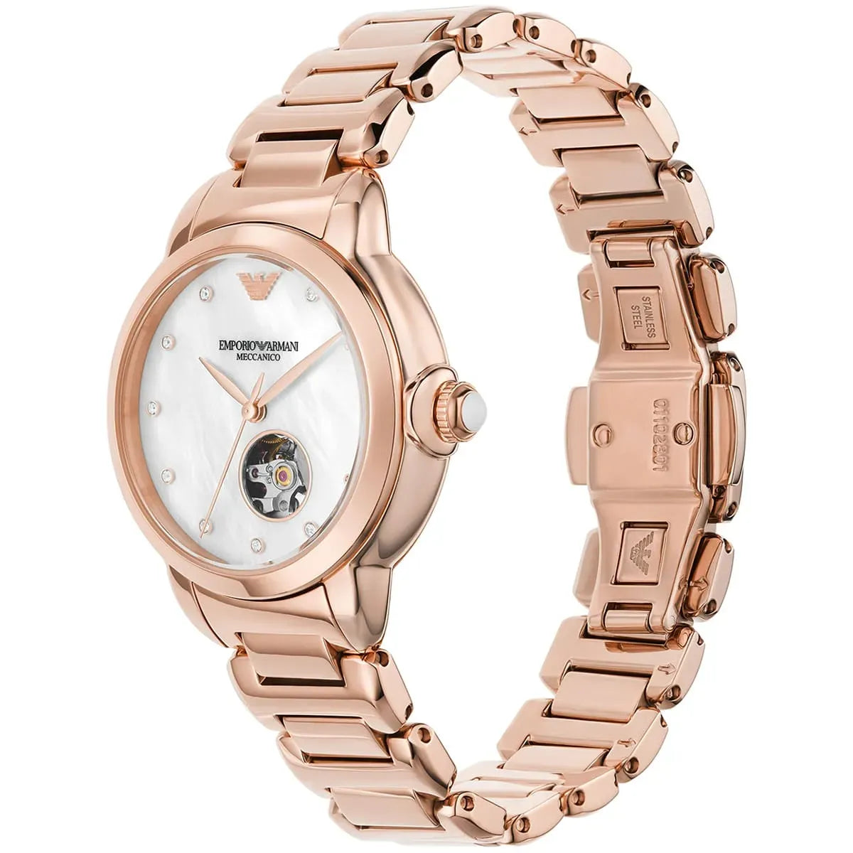 Emporio Armani Mia Meccanico Mother of Pearl Dial Rose Gold Steel Strap Watch for Women - AR60072