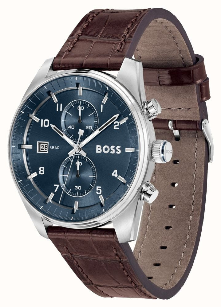 Hugo Boss Skytraveller Chronograph Blue Dial Brown Leather Strap Watch for Men - 1514194