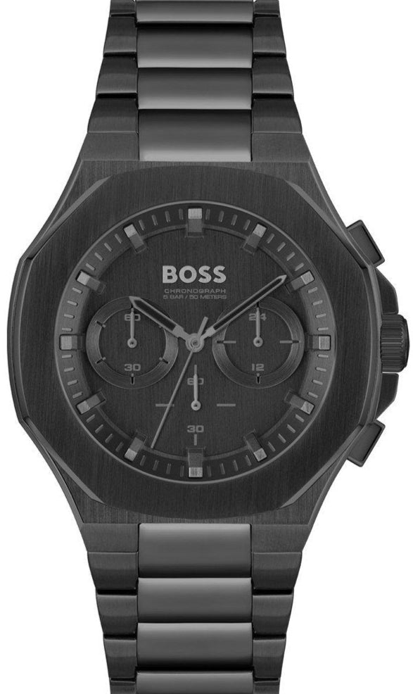 Hugo Boss Taper Chronograph Black Dial Black Steel Strap Watch for Men - 1514088