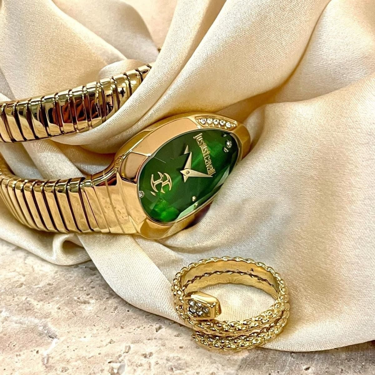 Just Cavalli Serpente Metallica Green Dial Gold Steel Strap Watch for Women - JC1L208M0045