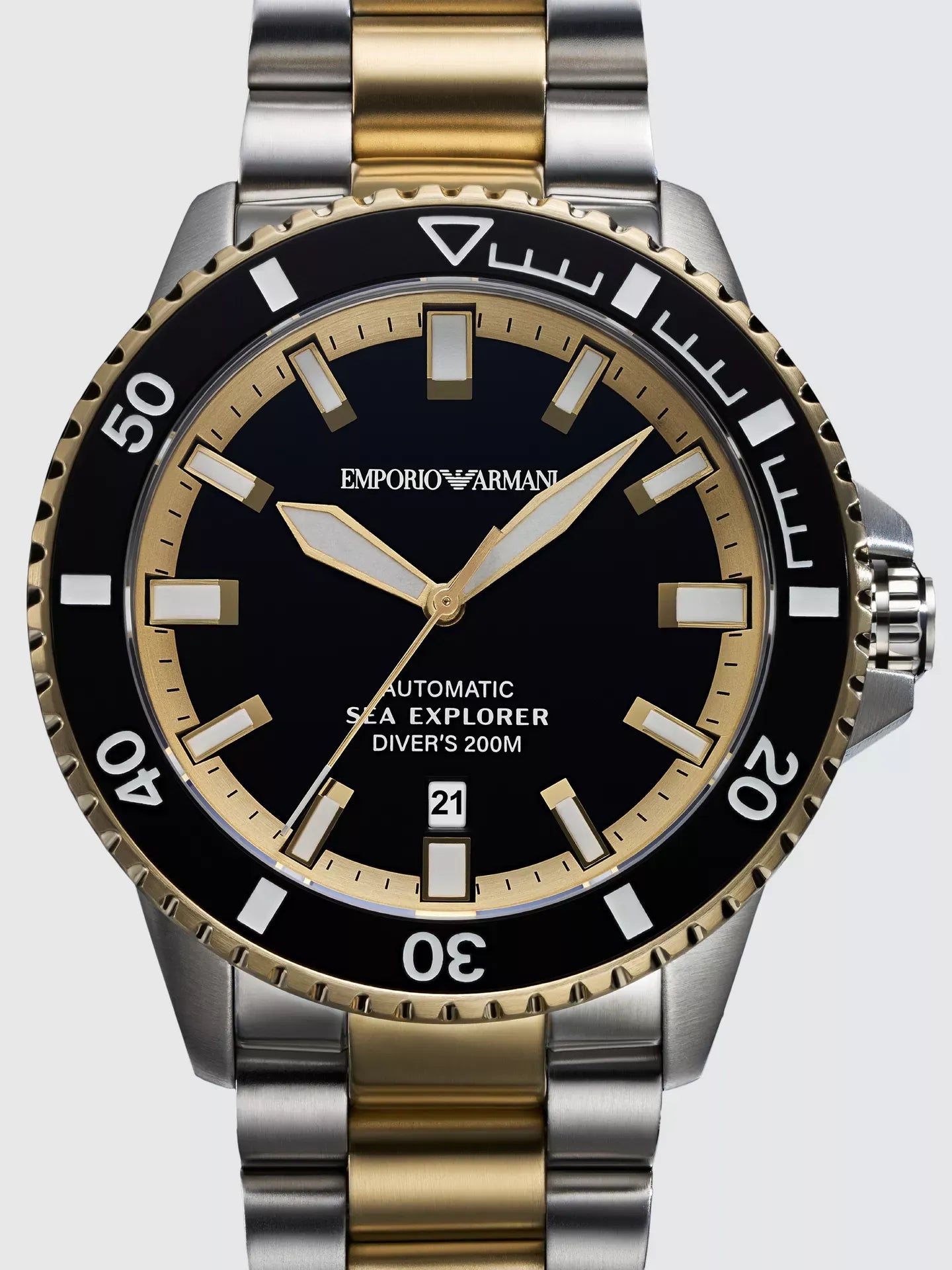 Emporio Armani Sea Explorer Black Dial Two Tone Steel Strap Watch for Men - AR60089