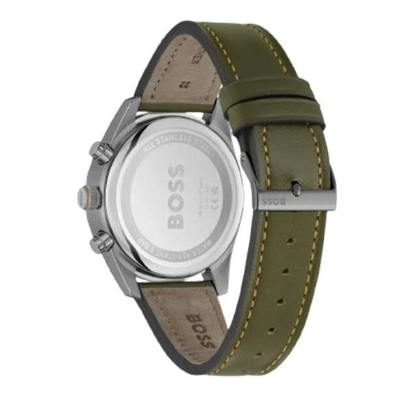 Hugo Boss Skytraveller Chronograph Black Dial Green Leather Strap Watch for Men - 1514148