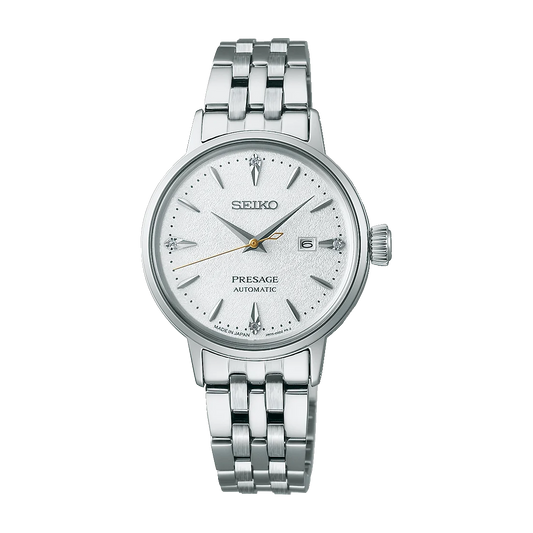 Seiko Presage Cocktail Time Automatic Diamonds White Dial Silver Steel Strap Watch for Women - SRE017J1