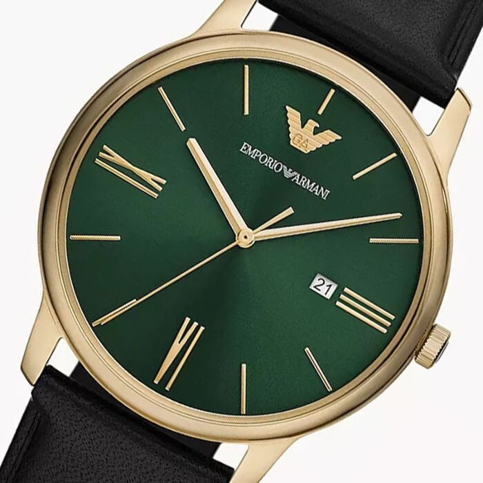 Emporio Armani Minimalist Green Dial Black Leather Strap Watch for Men - AR11601