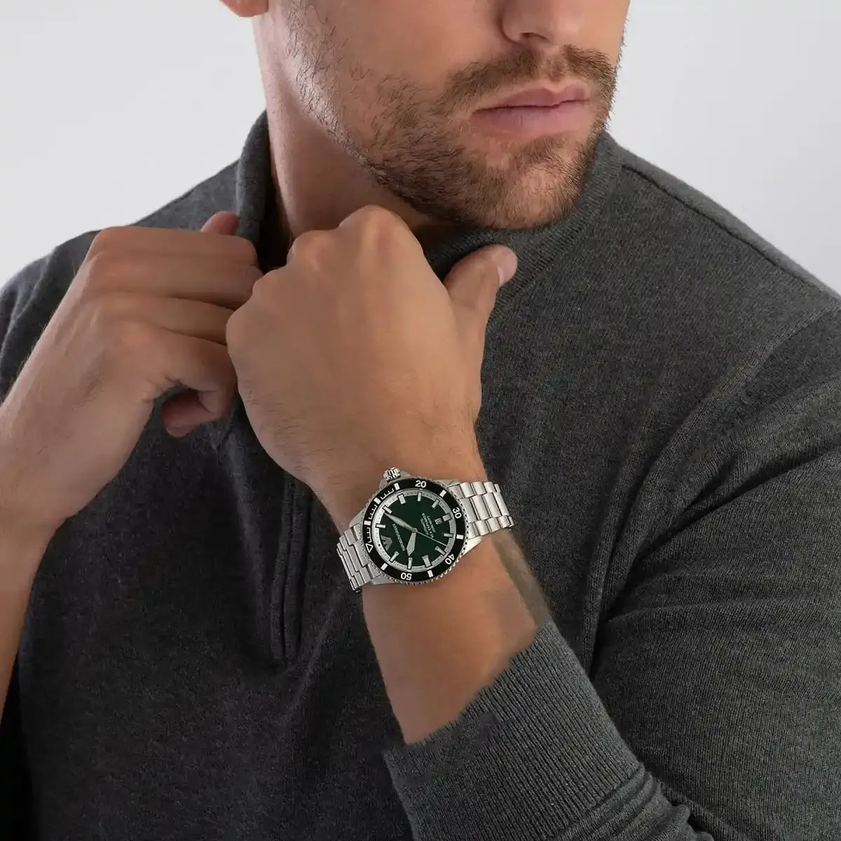 Emporio Armani Sea Explorer Green Dial Silver Steel Strap Watch for Men - AR60088