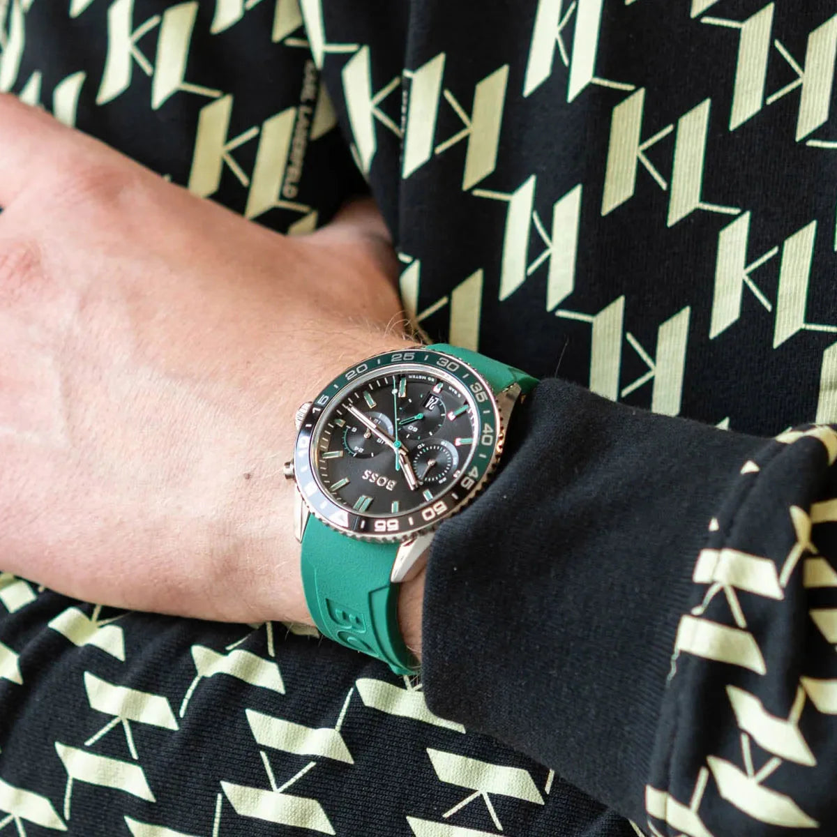 Hugo Boss Runner Chronograph Black Dial Green Silicone Strap Watch for Men - 1514246