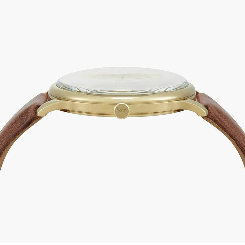 Emporio Armani Minimalist Quartz Gold Dial Brown Leather Strap Watch for Men - AR11610