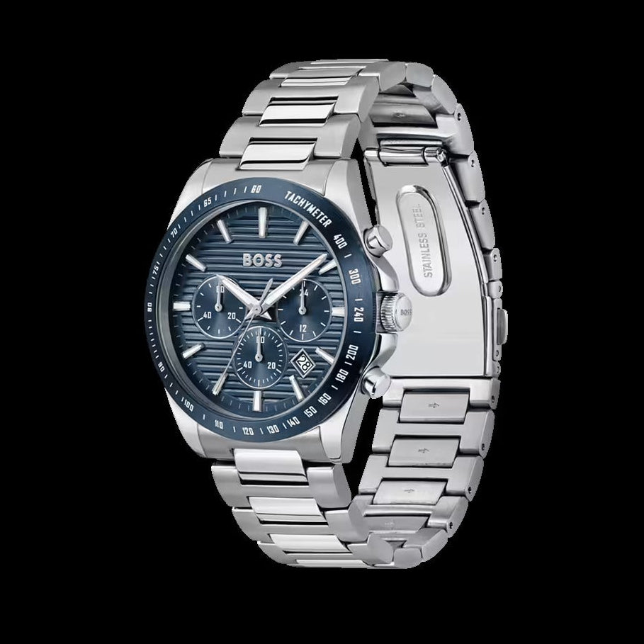 Hugo Boss Strike Chronograph Blue Dial Silver Steel Strap Watch for Men - 1514240