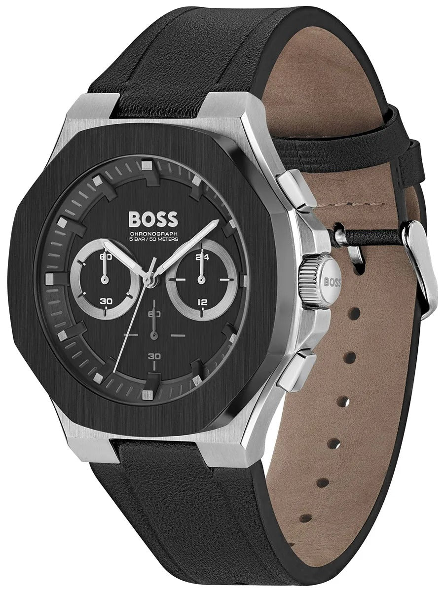 Hugo Boss Taper Chronograph Black Dial Black Leather Strap Watch for Men - 1514085