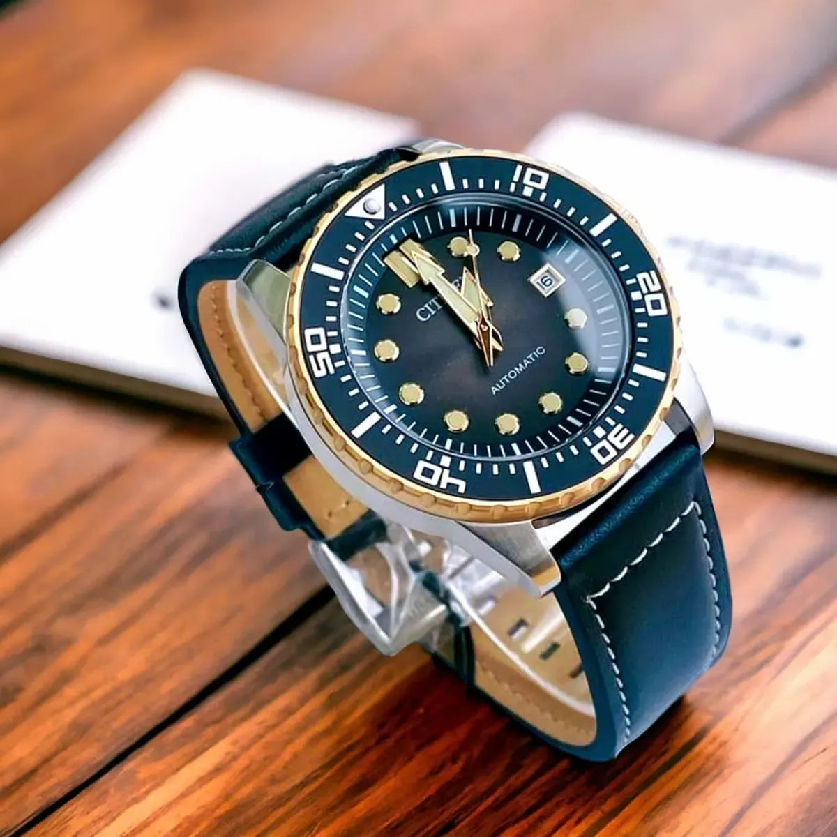 Citizen Mechanical Automatic Black Dial Black Leather Strap Watch for Men - NJ0176-10E