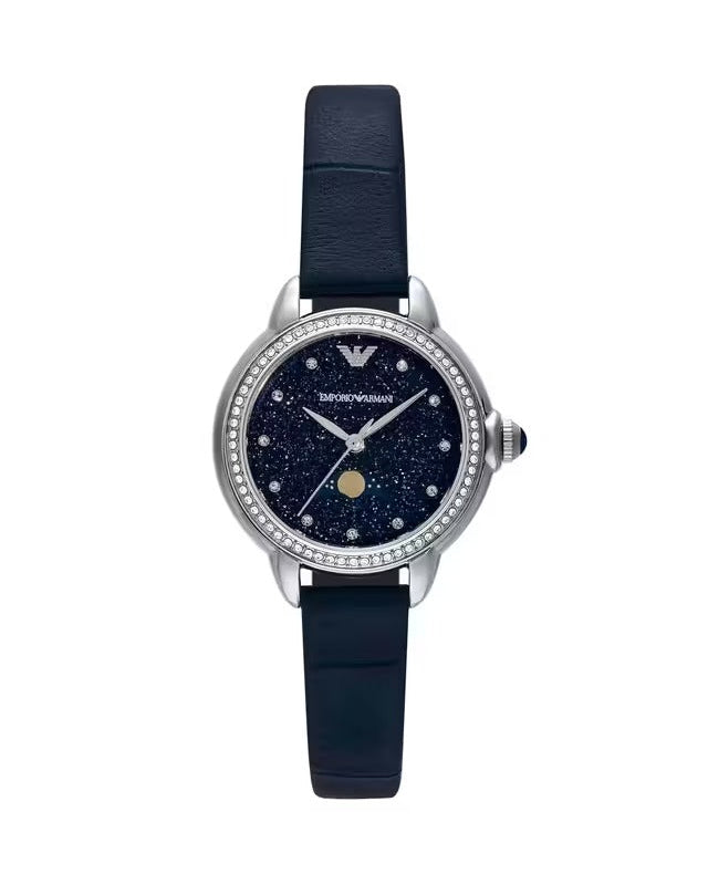 Emporio Armani Mia Moonphase Blue Dial Blue Leather Strap Watch for Women - AR11629