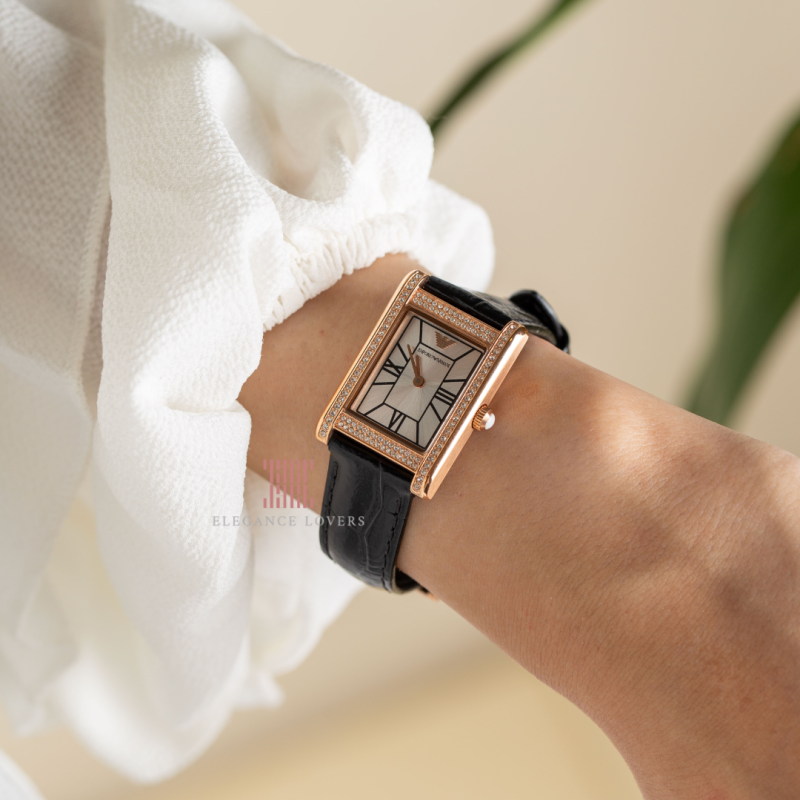 Emporio Armani Genni Silver Dial Black Leather Strap Watch for Women - AR11624