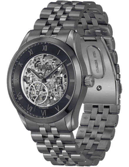 Hugo Boss Principle Skeleton Blue Dial Grey Steel Strap Watch for Men - 1514254