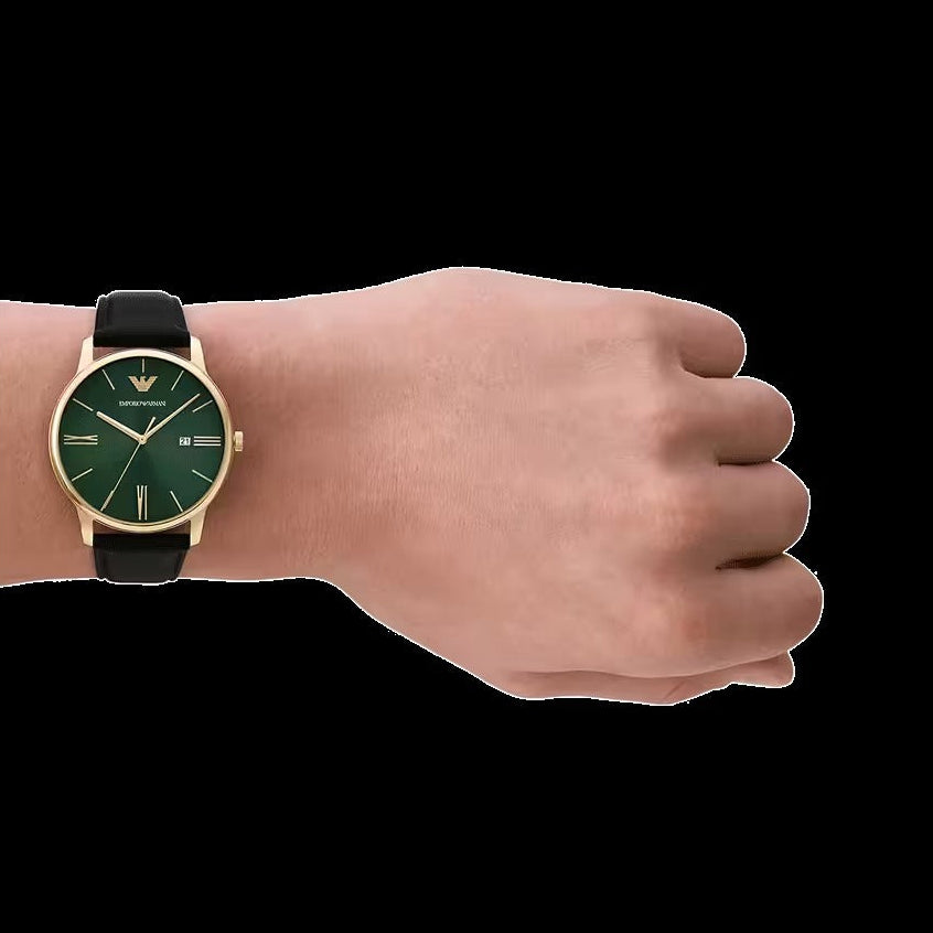 Emporio Armani Minimalist Green Dial Black Leather Strap Watch for Men - AR11601