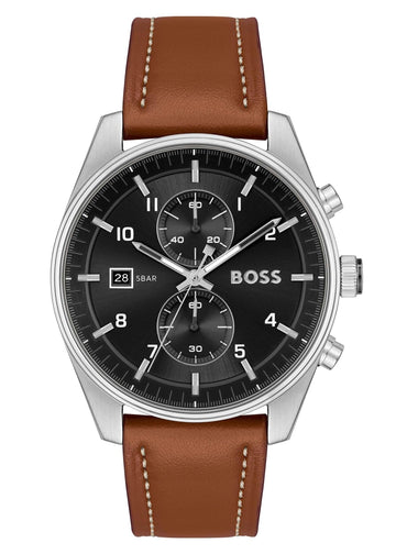 Hugo Boss Skytraveller Chronograph Black Dial Blue Leather Strap Watch for Men - 1514161