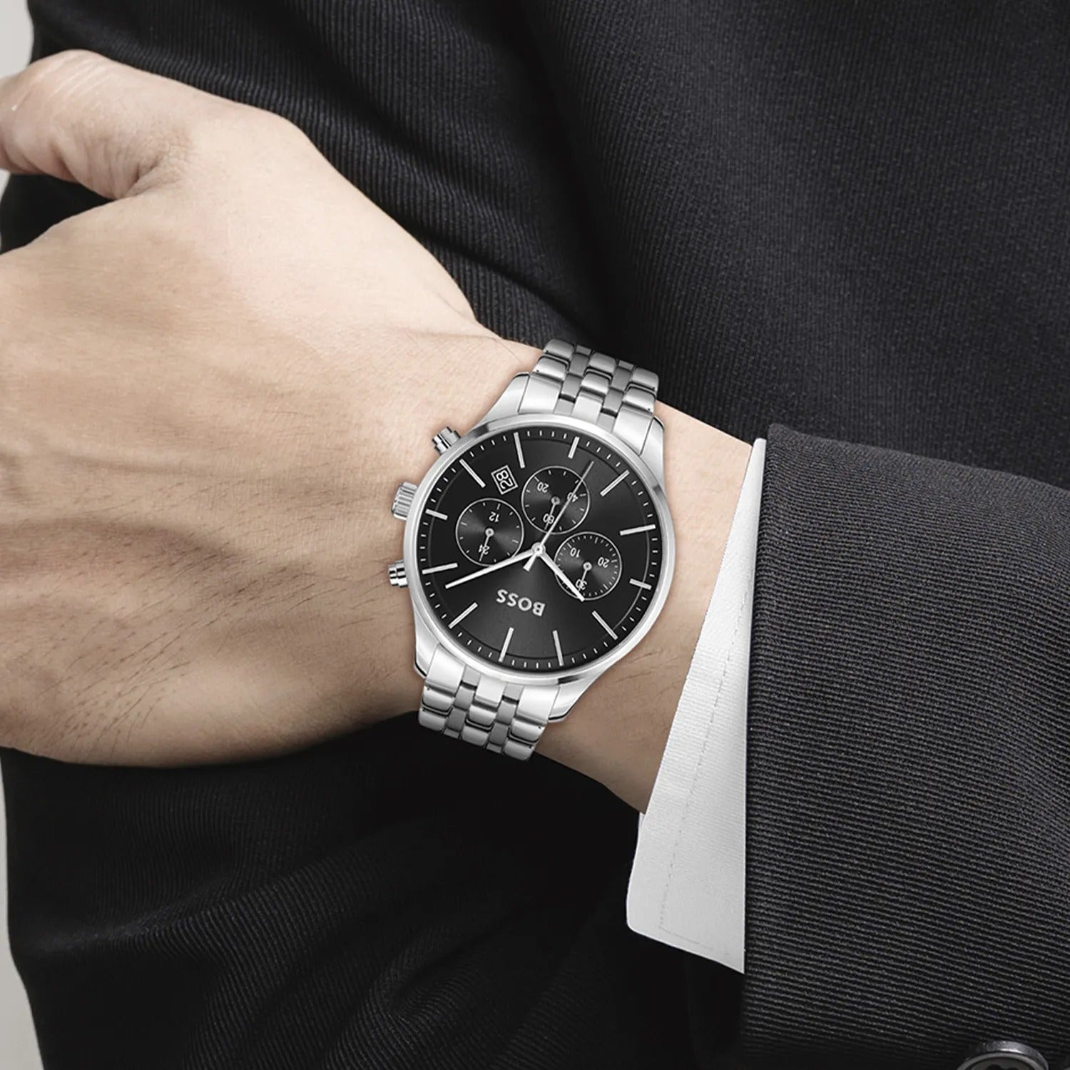 Hugo Boss Avery Chronograph Black Dial Silver Steel Strap Watch for Men - 1514157