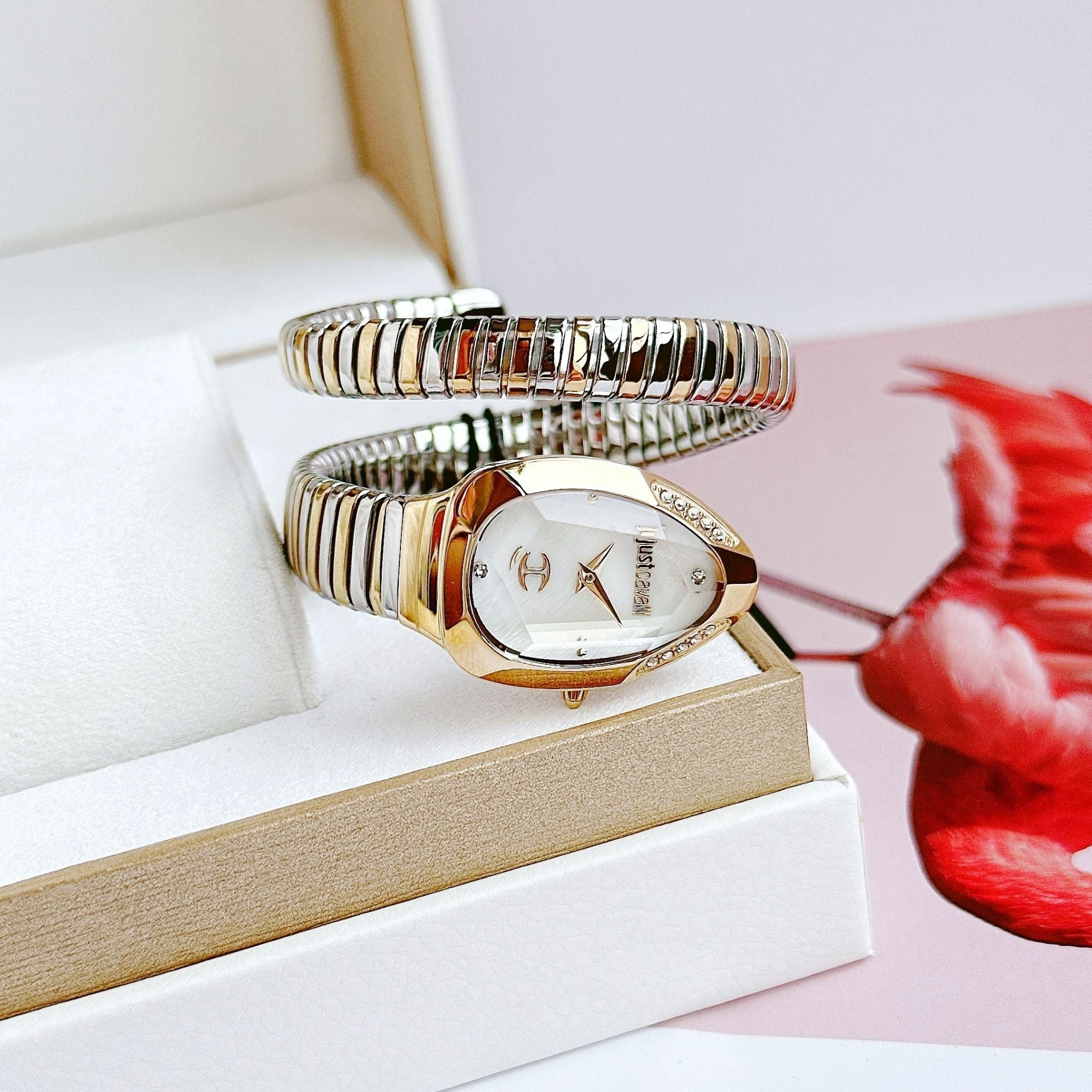 Just Cavalli Serpente Metallica Mother of Pearl Dial Two Tone Steel Strap Watch for Women - JC1L208M0065