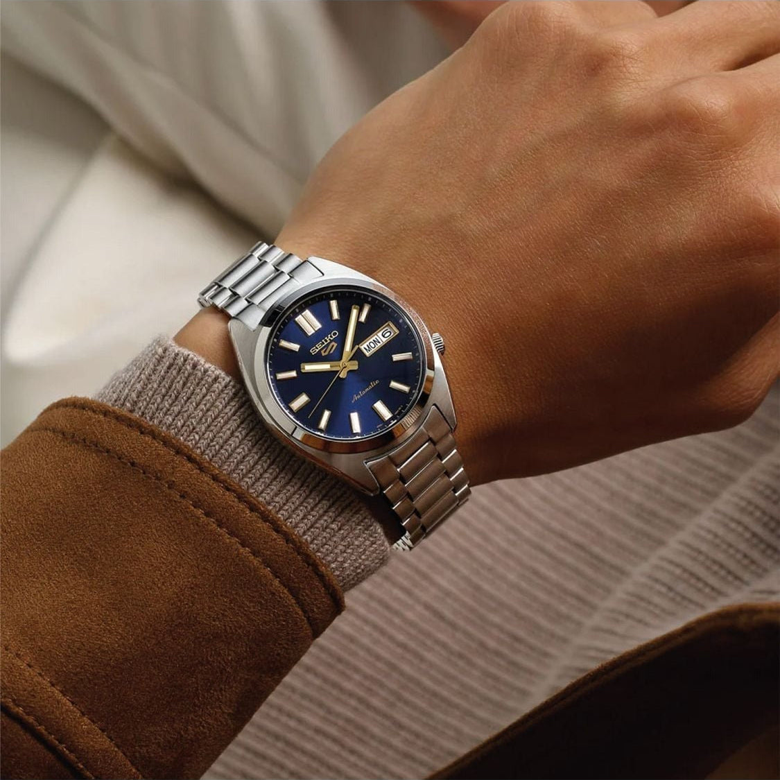 Seiko 5 Sports Automatic Blue Dial Silver Steel Strap Watch for Men - SRPL55K1