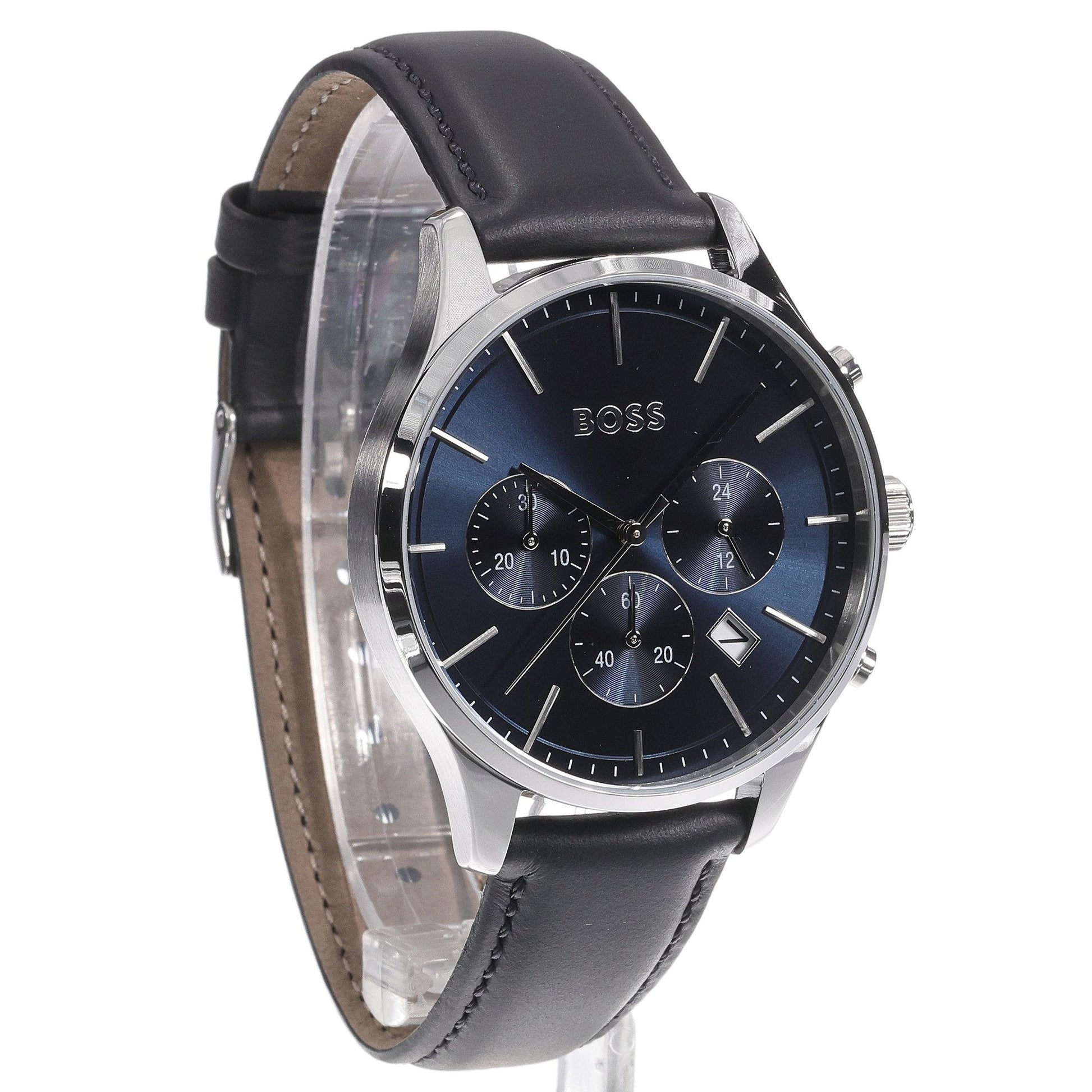 Hugo Boss Avery Chronograph Blue Dial Black Leather Strap Watch for Men - 1514156