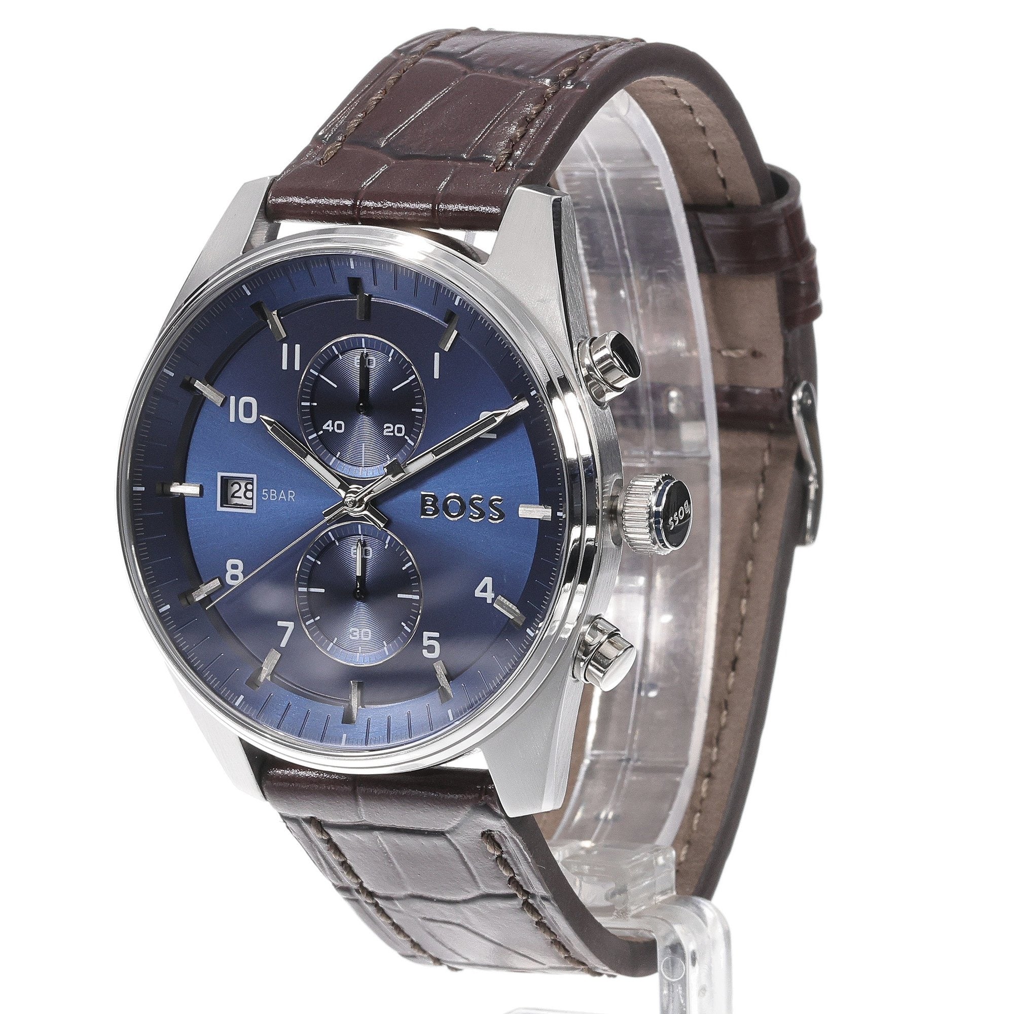 Hugo Boss Skytraveller Chronograph Blue Dial Brown Leather Strap Watch for Men - 1514194