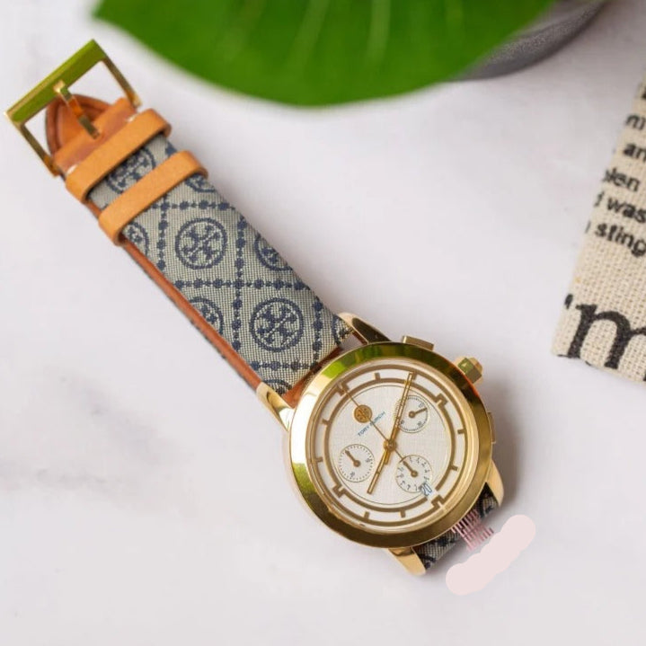 Tory Burch Classic Chronograph White Dial Grey Nylon Strap Watch for Women - TBW1035