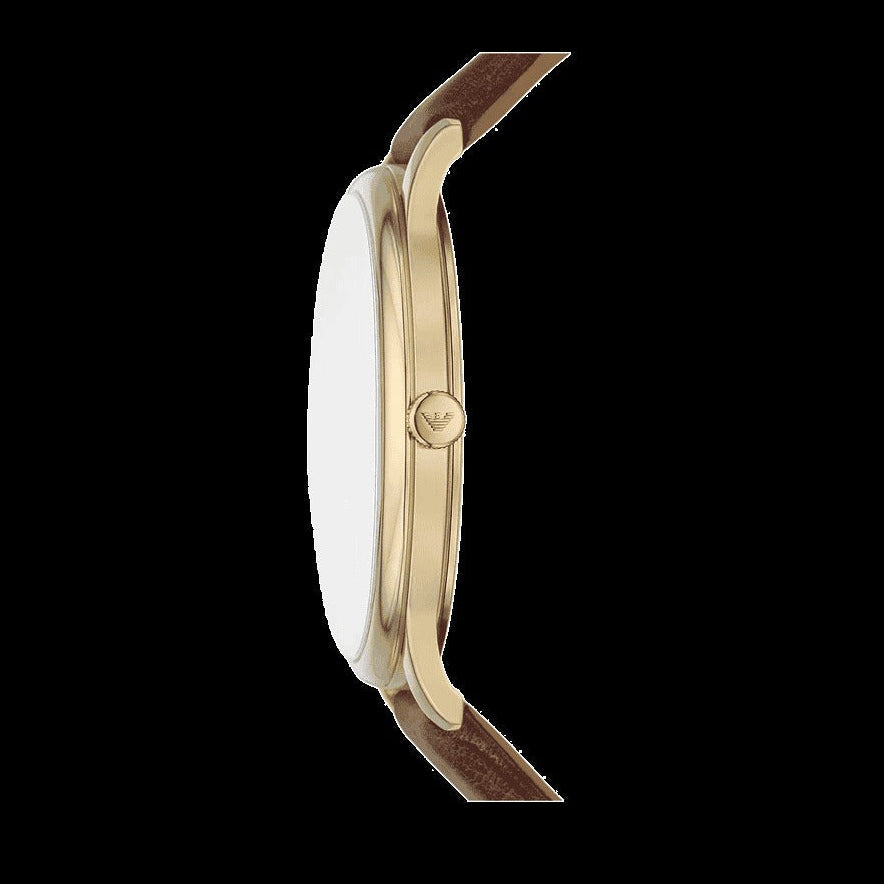 Emporio Armani Minimalist Quartz Gold Dial Brown Leather Strap Watch for Men - AR11610