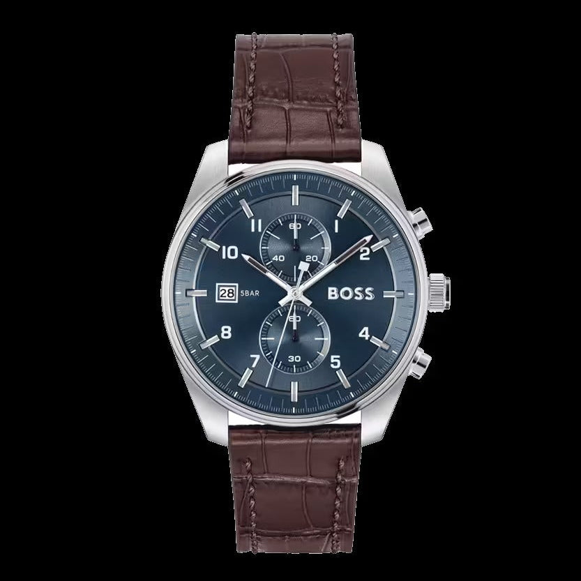 Hugo Boss Skytraveller Chronograph Blue Dial Brown Leather Strap Watch for Men - 1514194