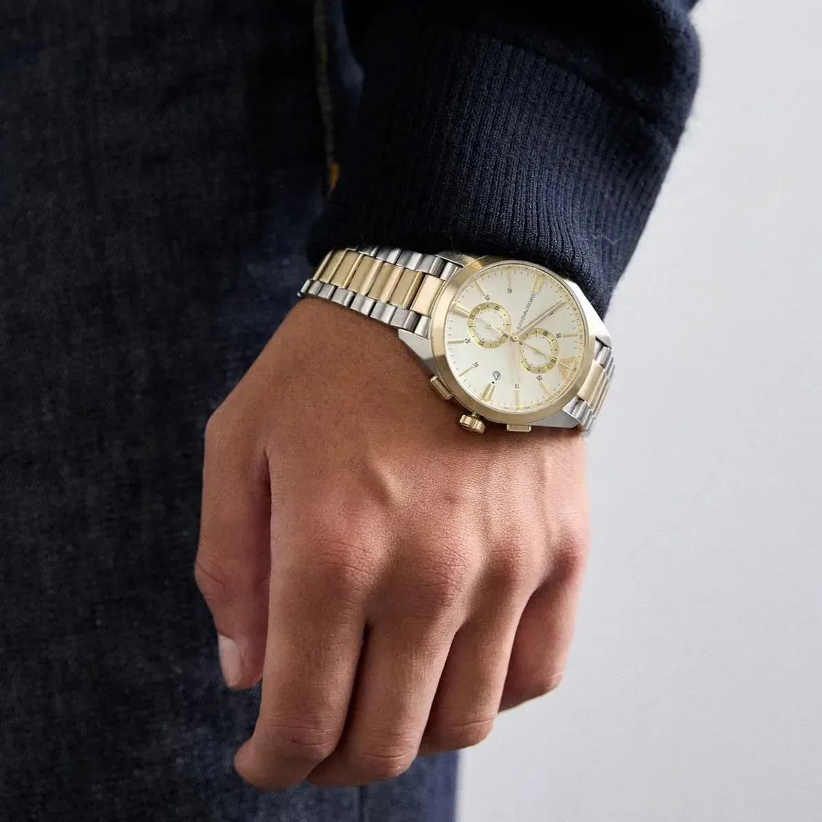 Emporio Armani Elegant Chronograph Cream Dial Two Tone Steel Strap Watch for Men - AR11605