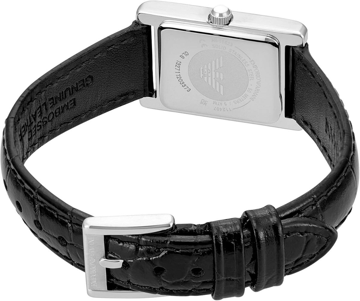 Emporio Armani Two Hand Crystals Silver Dial Black Leather Strap Watch for Women - AR11623