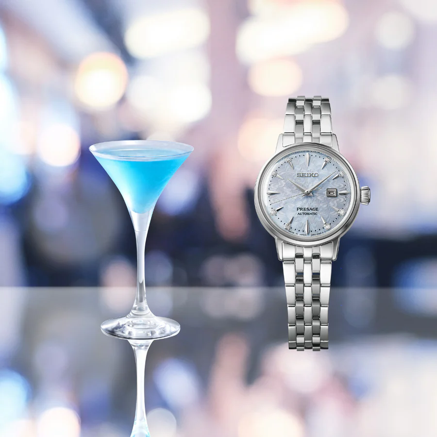 Seiko Presage Cocktail Time Automatic Skydiving Diamonds Blue Dial Silver Steel Strap Watch for Women - SRE007J1