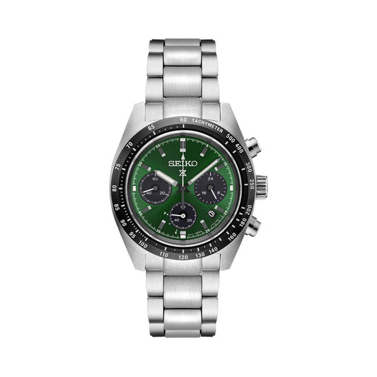 Seiko Prospex Speedtimer Solar Chronograph Green Dial Silver Steel Strap Watch for Men - SSC933