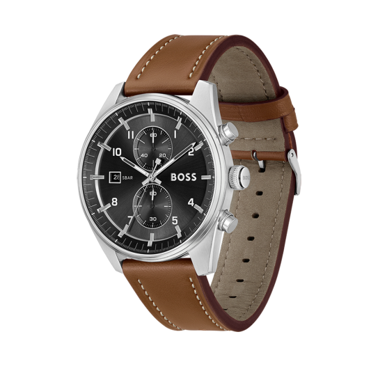 Hugo Boss Skytraveller Chronograph Black Dial Blue Leather Strap Watch for Men - 1514161