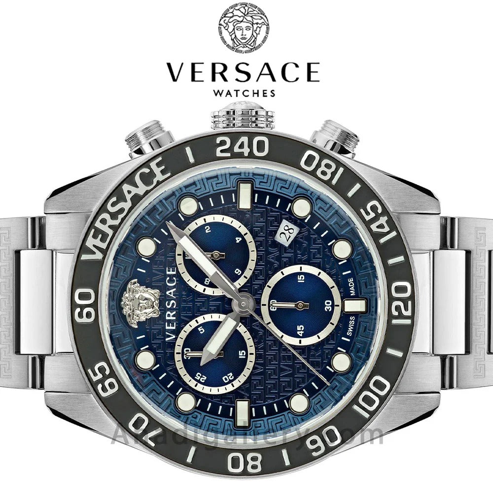 Versace Greca Dome Chronograph Blue Dial Silver Steel Strap Watch for Men - VE6K00323