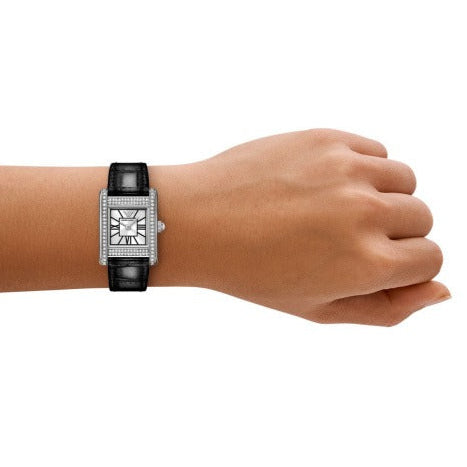 Emporio Armani Classic Crystals Silver Dial Black Leather Strap Watch for Women - AR11660