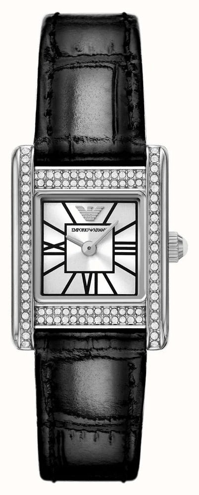 Emporio Armani Classic Crystals Silver Dial Black Leather Strap Watch for Women - AR11660