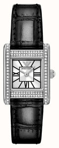 Emporio Armani Classic Crystals Silver Dial Black Leather Strap Watch for Women - AR11660