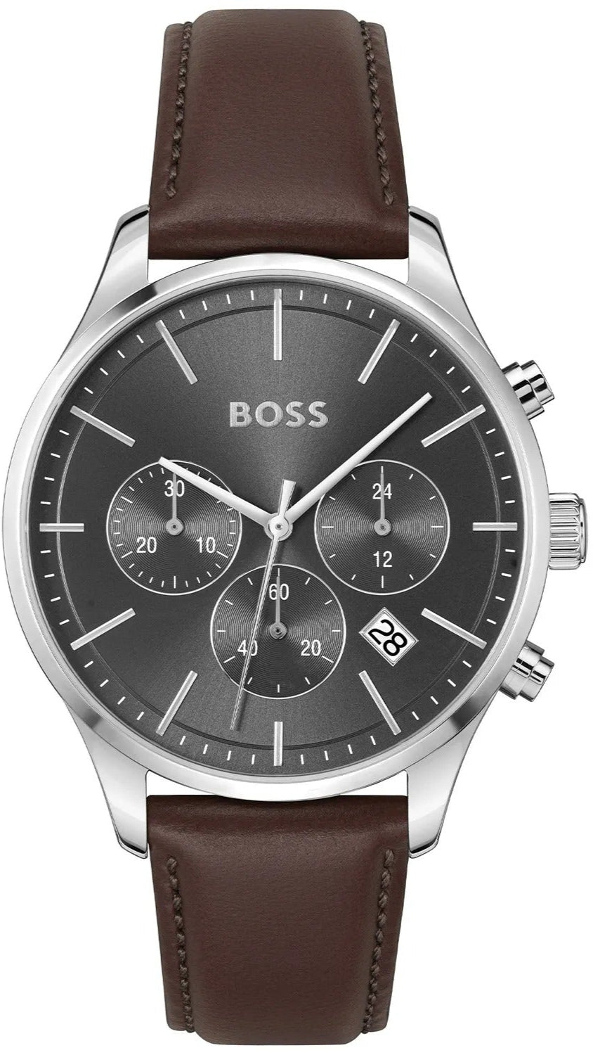 Hugo Boss Avery Chronograph Grey Dial Brown Leather Strap Watch for Men - 1514155