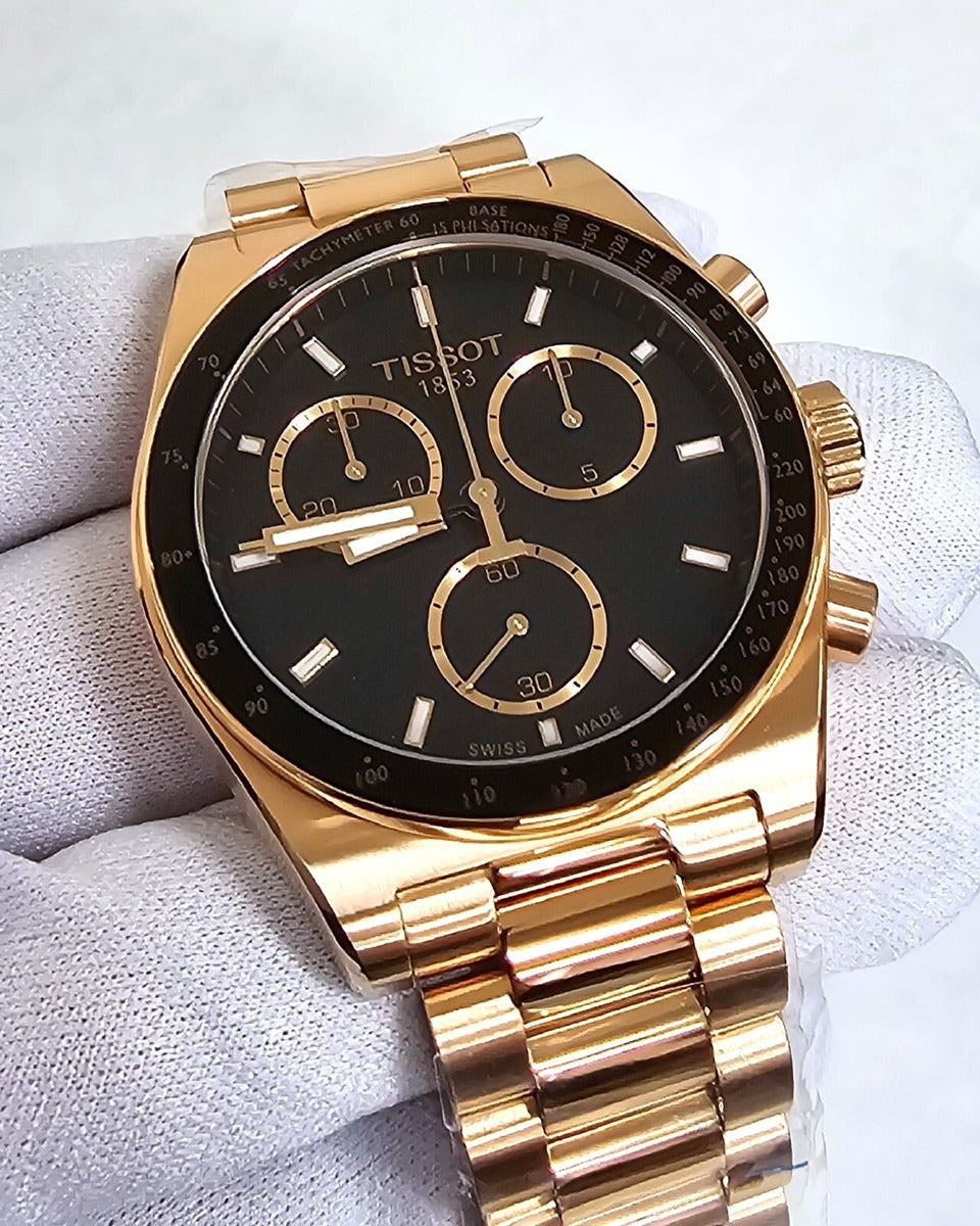 Tissot PRS 516 Chronograph Black Dial Rose Gold Steel Strap Watch for Men - T149.417.33.051.00